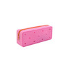 A pink silicone pencil case with heart-shaped holes and an orange zipper. It features a simple, rectangular design.