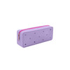 A purple silicone pencil case with heart-shaped holes and a pink zipper. Features a branding logo on the side.