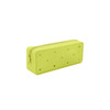A silicone pencil case in bright lime green with heart-shaped holes and a zipper closure.