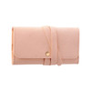 A pink synthetic leather jewellery bag, featuring a flap closure and a strap for secure fastening.