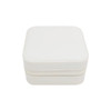 A white PU leather jewellery box with a squared shape and zipper closure. It features a subtle texture and a logo.