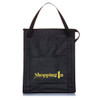 A black insulated grocery tote with a logo and two sturdy handles for easy carrying.