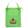 A green insulated grocery tote with a logo on the front and two sturdy handles for carrying.