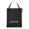 A black insulated grocery tote with a single handle and a front pocket, featuring branding on the front.
