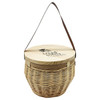 A wooden cooler basket with a circular lid, featuring a woven design and a brown strap for carrying.