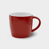 A ceramic mug in bright red with a white interior and a curved handle. It features a logo.