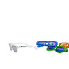 A set of summer polarised sunglasses in white, blue, orange, and green, featuring a logo on one pair.