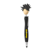 A pen featuring a black stylus end and a character head with spiky hair. It has a branding logo.