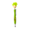A green pen with a stylus features a mop head design and a playful character with bright green hair.