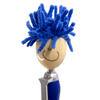 A pen with a smiling face, featuring a blue mop-like head made of chenille, and a silver grip.