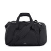 A black travel duffel bag with multiple compartments, carrying handles, and a detachable shoulder strap. It features a logo.