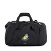 A black duffel bag with multiple zippered compartments and a removable shoulder strap. It features a logo on the front.