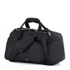 A black travel duffel bag with multiple compartments, handles, and an adjustable shoulder strap. It features a logo.