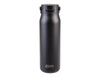 A drink bottle featuring a sleek black design, equipped with a secure lid and a logo.