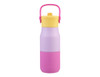 A drink bottle in purple, pink, and yellow, featuring a handle and a logo on the front.