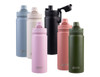 A drink bottle collection featuring six colours: light blue, white, pink, black, terracotta, and green, each with a cap and logo.