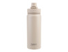 A drink bottle in beige with a quick release cap, featuring a logo on the side.