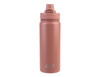 A drink bottle in a muted pink colour with a vacuum sealed design and quick release cap, featuring a logo.