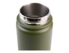 A drink bottle with a matte green finish and a stainless steel rim, featuring a vacuum quick release cap.