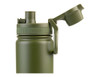 A drink bottle with a vacuum insulation feature, featuring a quick release cap in a military green colour and a logo.