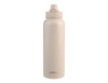 A drink bottle in a light beige colour with a quick release cap and a logo on the front.