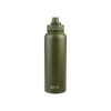 A drink bottle in olive green with a quick release cap and a branding logo on the side.