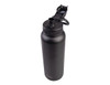 A drink bottle in black, featuring a quick release cap and a sculpted design. It has a brand logo on the side.