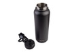 A drink bottle in matte black with a stainless steel interior and a quick release cap. Features a logo.