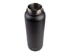A drink bottle in matte black with a stainless steel neck and a logo, featuring a vacuum quick release cap.