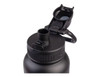 A drink bottle with a black finish features a quick release cap and a handle for easy transport.