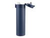 A drink bottle in navy blue with an insulated design and a flip-top lid, featuring a logo.