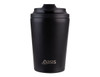 A drink bottle, black in colour, with a ceramic lining and a lid, featuring a logo on the front.