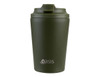 An insulated coffee cup in olive green with a lid, featuring a branding logo on the front.