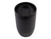 A drink bottle in sleek black, featuring a leakproof lid and a brand logo on the front. Ideal for travel.