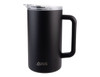 A drink bottle featuring a matte black exterior, a clear lid, and a sturdy handle, with a logo on the front.