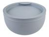 A salad bowl in light grey with a double wall design, featuring a lid and a subtle logo.