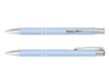 A light blue pen with silver accents, featuring a sleek design and a clip for convenience. It has a logo displayed.