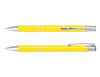 A yellow lacquer pen with silver accents, featuring a sleek design and a branding logo.