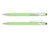 A stylus pen in light green with chrome accents and a clip, featuring a smooth writing tip.