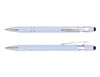 A stylus pen in light blue with silver accents and a touch tip. The pen features a sleek design and has branding.