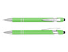 A green stylus pen with chrome accents and a black tip, featuring a logo.