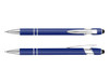 A blue Colombo Lacquer stylus pen with silver accents and a sleek design, featuring a clip and a stylus tip.