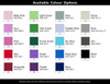 A colour chart featuring various options including shades like Baby Pink, Light Green, and Rose, along with their Pantone codes.