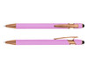 A pink stylus pen with rose gold accents and a black tip, featuring a sleek design and a logo.