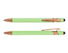 A green stylus pen with rose gold accents, featuring a sleek design and a logo.