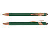 A green stylus pen with rose gold accents, featuring a logo on the barrel.