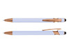 A stylus pen in light blue with rose gold accents, featuring a sleek design and a clip.