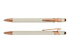 A set of two stylus pens in cream with rose gold accents, featuring a logo on the barrel.