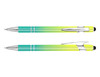 A stylus pen in vibrant green and turquoise hues with chrome accents and a logo.