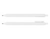 A white ballpoint pen displayed from two angles, featuring a clip and a smooth design. It has a logo.
